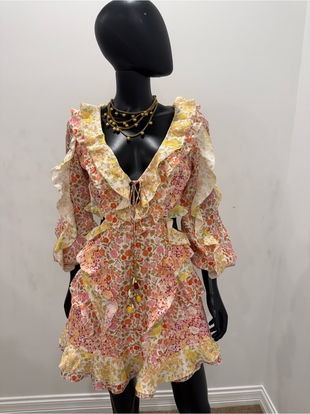 Zimmermann Floral Patchwork Ruffle Cutout Tie Front Mini Dress Size 2 - Picture 2 of 14